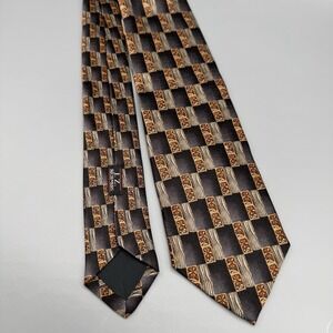 J.Z.‎ Richards Geometric Floral Squares Tie Brown Rust Beige 100% Silk Preppy
